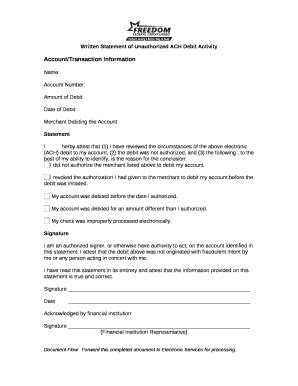 Written Statement Of Unauthorized ACH Debit Activity Doc Template