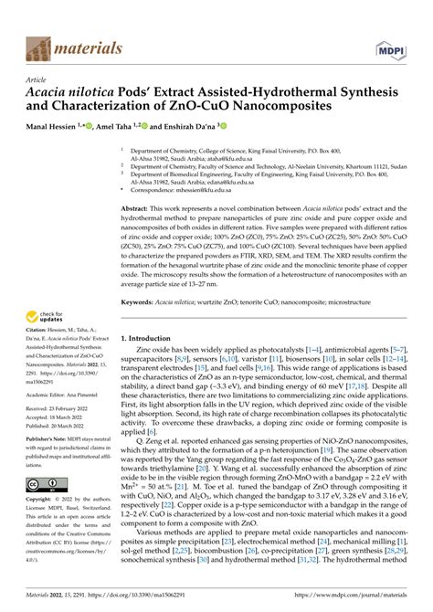 Pdf Acacia Nilotica Pods Extract Assisted Hydrothermal Synthesis And