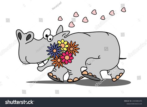 Cartoon Hippopotamus Flowers Hearts Vector Illustration Stock Vector Royalty Free 2143481255