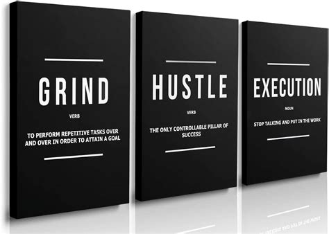 Hustle Grind Execution Wall Art Set Of Framed Canvas Black