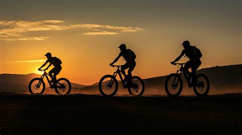 Man Riding Bicycles Outdoors At Sunset Captured In Three Silhouette