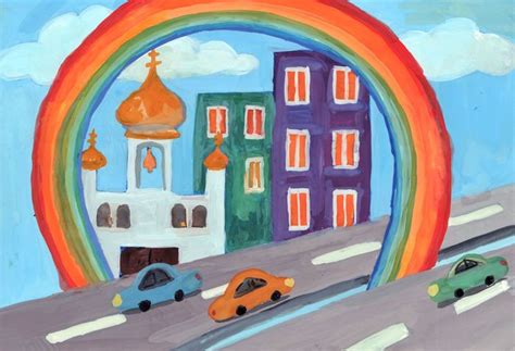 Радуга в городе на рисунках и срисовках. Радужный город.