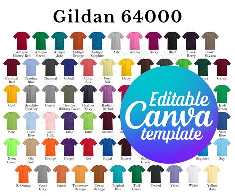 Editable Gildan 64000 Color Chart And Size Chart Canva Etsy Uk