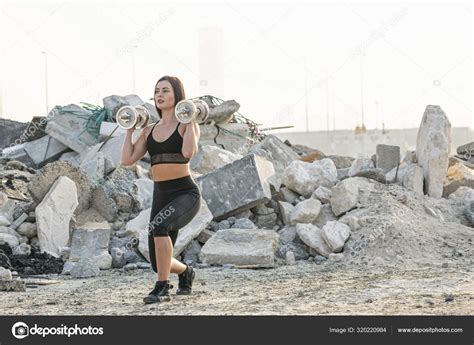 Beautiful Brunette Fitness Model Wearing Black Tights Black Sports Bra