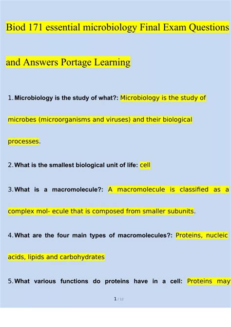 Biod 171 Essential Microbiology Final Exam Questions And Answers