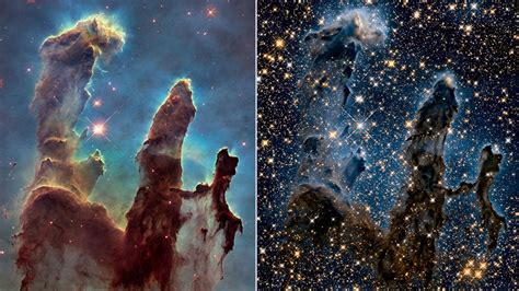 Pillars of Creation in Visible and Near-Infrared (Hubble) | Webb