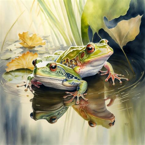 Premium AI Image Painting Of Two Frogs In A Pond With Leaves And