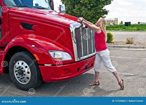 Pretty Blonde Woman Opening A Truck Hood Stock Photo Image 19726820