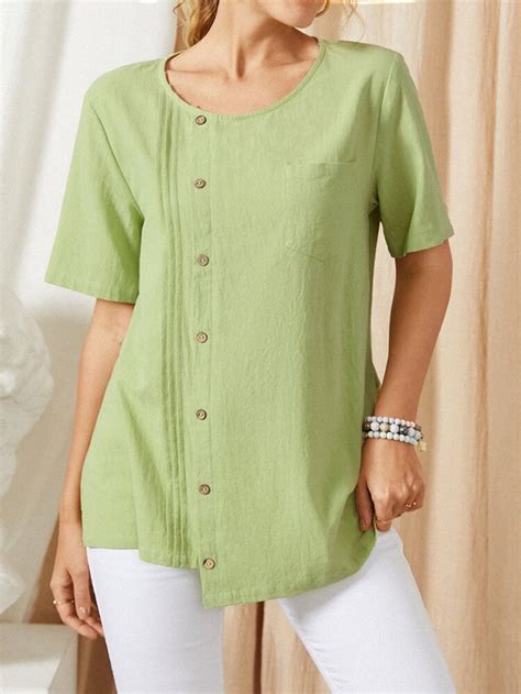 Solid Color O Neck Short Sleeve Button Pocket Blouse For Women