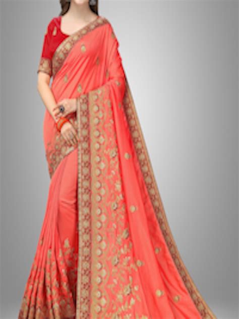 Buy Trendmalls Peach Coloured Gold Toned Floral Embroidered Satin