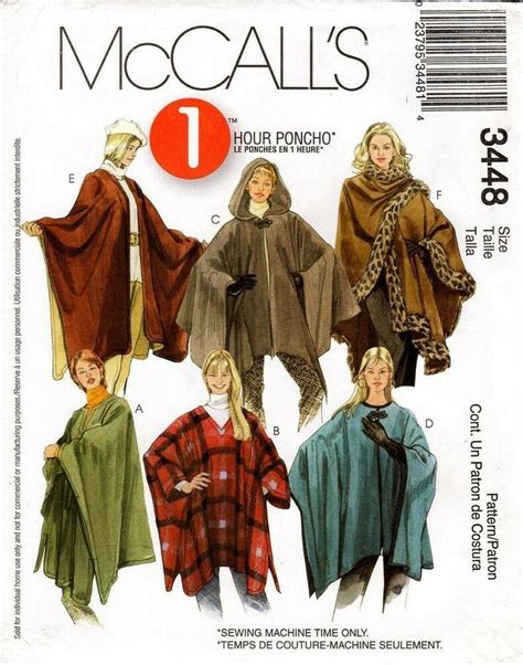 2001 Ponchos Hooded 6 Styles Sewing Pattern U Pick Size Mccalls 3448