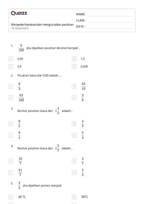 Lembar Kerja Mengurutkan Desimal Untuk Kelas Di Quizizz Gratis