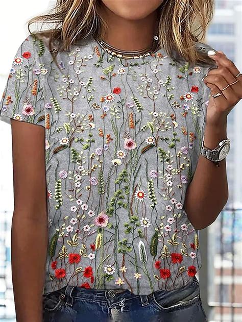 Damen T Shirt Grau Blumen Patchwork Bedruckt Kurzarm Casual T Glich