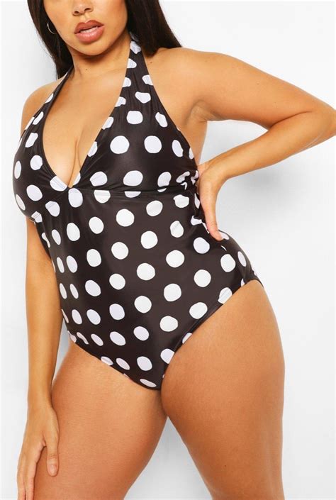 Plus Polka Dot Control Halterneck Swimsuit Boohoo Australia Mumslounge