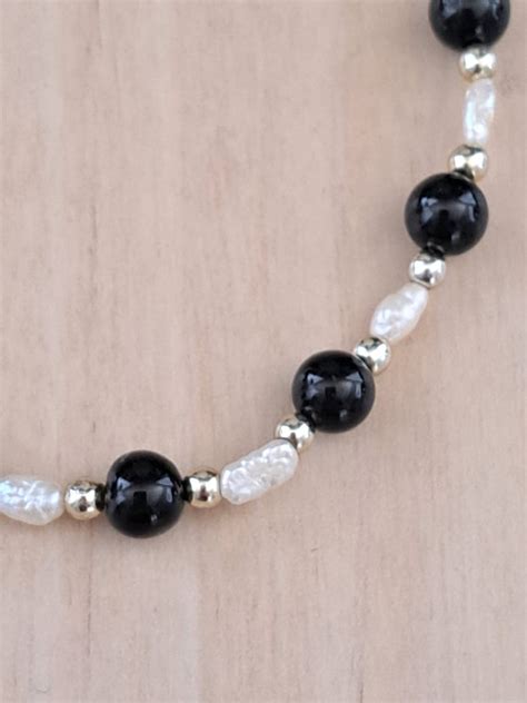 Freshwater Pearl Necklace Rice Pearl And Onyx Long Le Gem