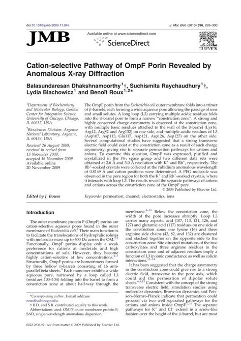 PDF Cation Selective Pathway Of OmpF Porin Revealed By Anomalous X