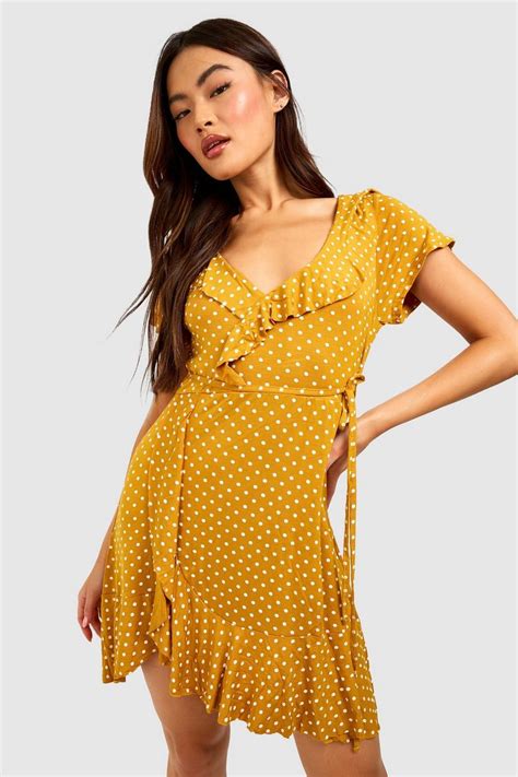 Womens Polka Dot Wrap Front Ruffle Tea Dress Boohoo Uk