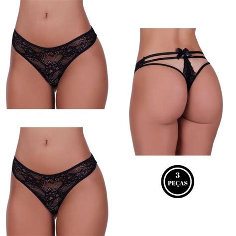 Kit 3 Calcinha Fio Tanga de Renda e Laço Lingerie Agatha BELLA DA