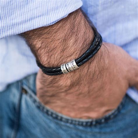 Men Braided Leather Bracelet With Small Custom Beads In Silver