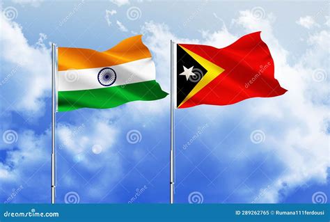 Indian East Timor Flags Together Waving Against Blue Sky Stock