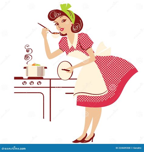 Young Portrait Of Housewife In Retro Fashion Red Dress Cooking Soup