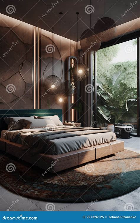 African Style Bedroom Interior With Large Modern Bed Stock Image