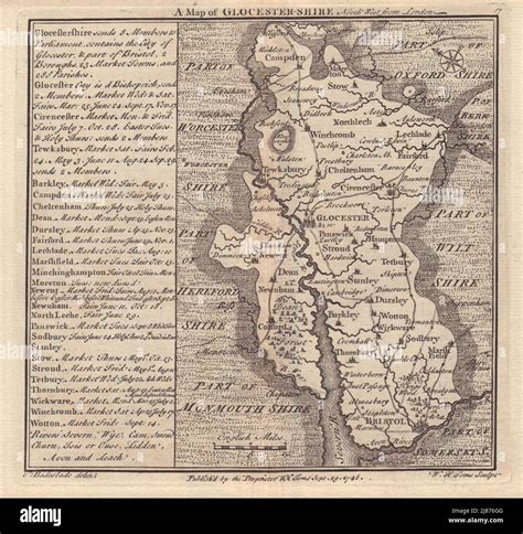 Antique County Map Of Gloucestershire By Badeslade And Toms Ne