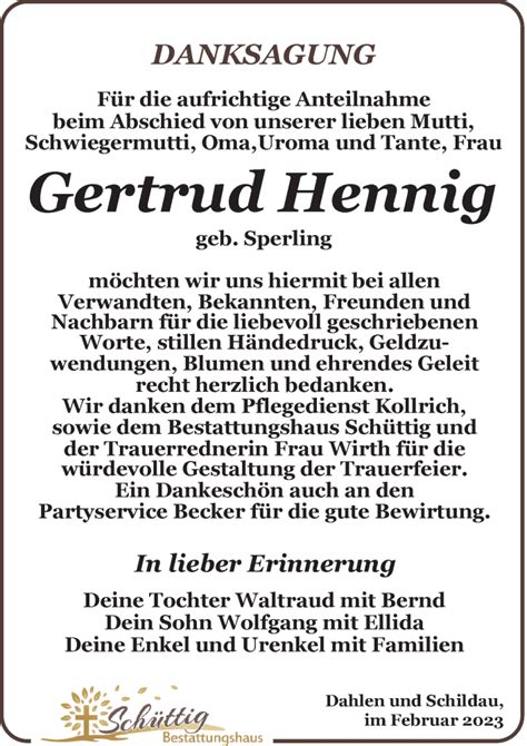 Traueranzeigen Von Gertrud Hennig Trauer Anzeigen De