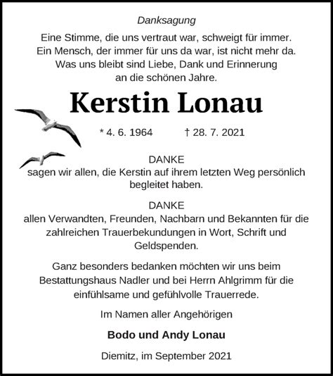 Traueranzeigen Von Kerstin Lonau Trauer Nordkurier