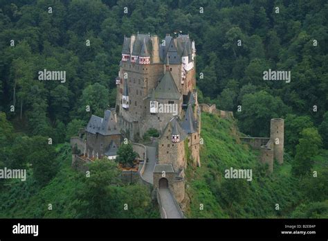 High angle view of castle surrounded by forest, Eltz Castle, Eifel, Rhineland-Palatinate ...