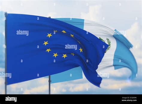 Waving European Union Flag And Flag Of Guatemala Closeup View 3d