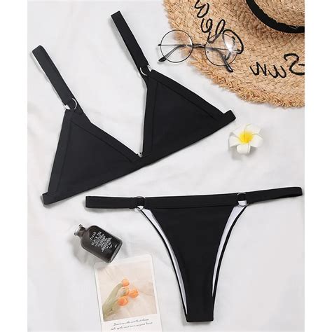 ZAFUL Beach Swimwear High Cut Contrast Piping Bikini Set Bathing Suits