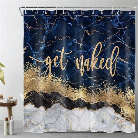 Hvest Get Naked Marble Shower Curtain Decor Blue And Gold Abstract