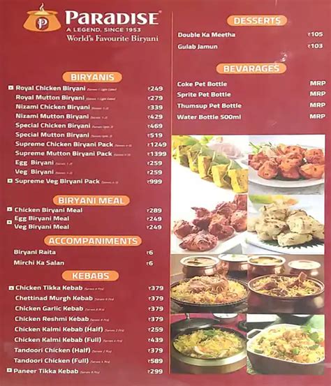 Menu Of Paradise Biryani A Legend Since 1953 Thiruvanmiyur Chennai