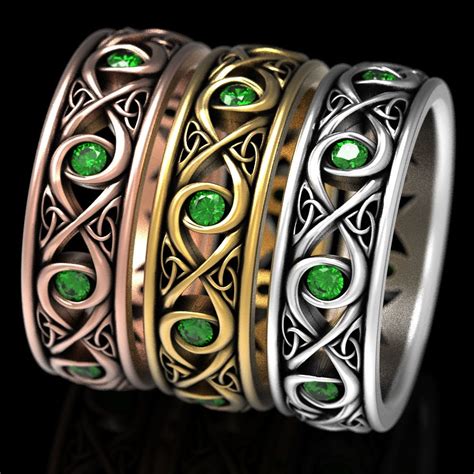 Celtic Gold Wedding Ring With Emeralds Infinity Knot Wedding Etsy