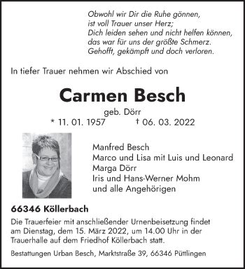 Traueranzeigen Von Carmen Besch Saarbruecker Zeitung Trauer De