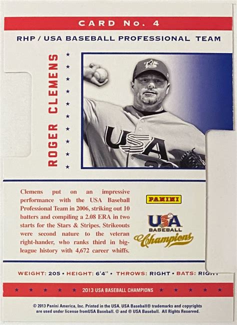 Roger Clemens Panini Usa Baseball Champions Team Usa Certified