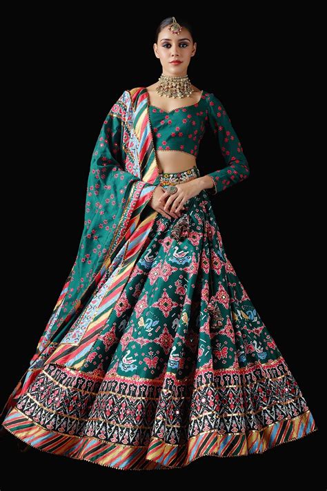 Buy Green Silk Printed Patola Leaf Neck Popat Kunjar Lehenga Set For