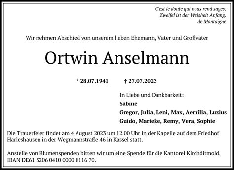 Traueranzeigen Von Ortwin Anselmann Trauer Hna De