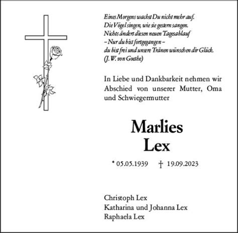 Traueranzeigen Von Marlies Lex Vrm Trauer De