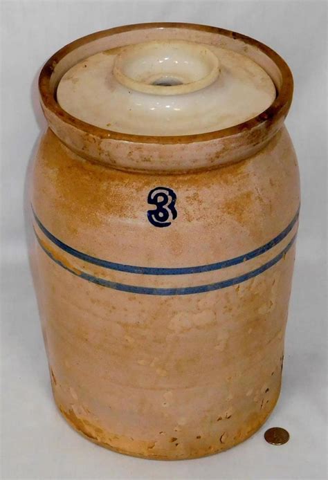 Lot Antique Stoneware 3 Gallon Butter Churn W 2 Blue Bands And Cover