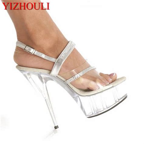 Elegant Clear 15cm Sexy Super High Heel Platforms Pole Dance Shoes 6 Inch Silver Straps Party