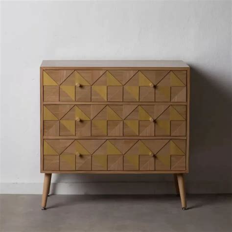 Cassettiera In Legno Di Paulonia E Intarsi Geometrici Oro 80x79 Cm Hebe