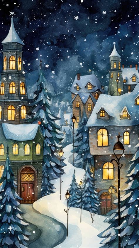 A Whimsical Winter Village Is Depicted Against A Night Sky On A Snowy