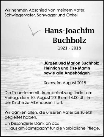 Traueranzeigen Von Hans Joachim Buchholz Vrm Trauer De