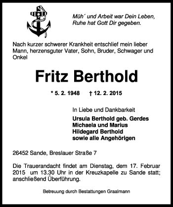 Traueranzeigen Von Fritz Berthold Nordwest Trauer De