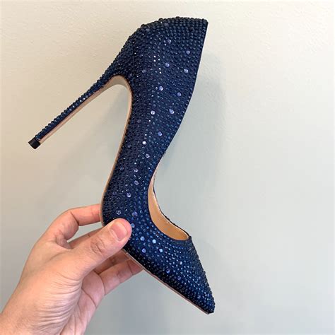 Fashion Women Pumps Navy Blue Rhinestone Crystal Point Toe High Heels