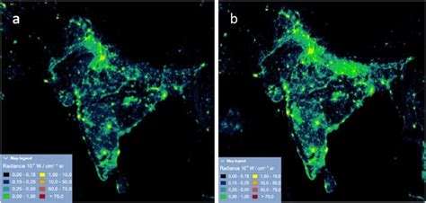 Light pollution map of India in (a) 2013 and (b) 2019. Delhi, Uttar ...