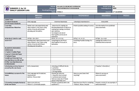 Dll Mtb 3 Q2 W3 Dll Grades 1 To 12 Daily Lesson Log School Halang Es Belmont Extension