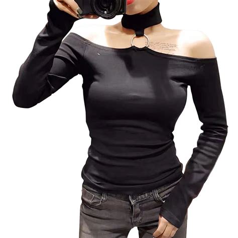 2018 Spring Sex Slash Neck Off The Shoulder Long Sleeves Halter Neck T